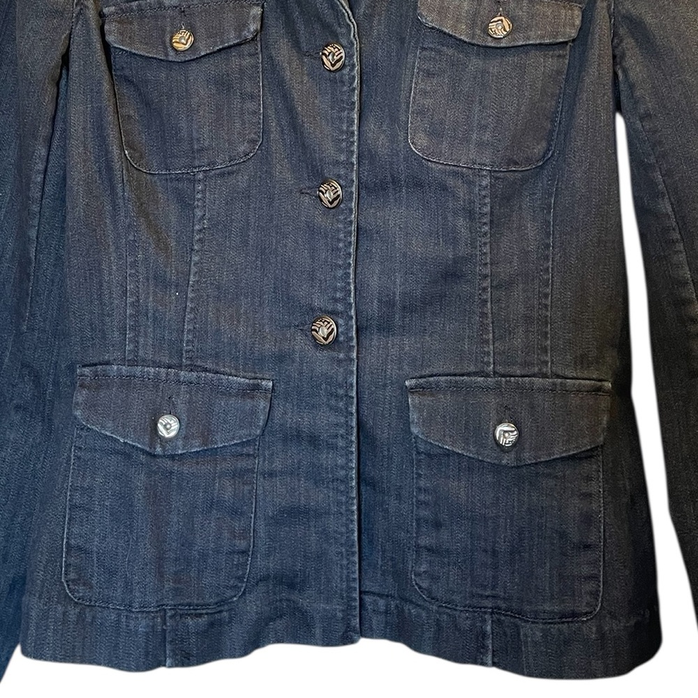 DANA BUCHMAN Dark Blue Button Front Lapel 4-Pocket Denim Jean Jacket - Size 8 - Picture 3 of 16